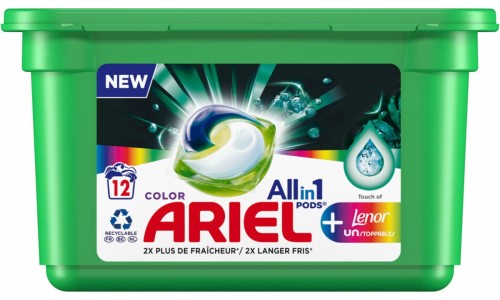 ARIEL PODS ALL IN 1 + LENOR UNSTOPPABLES skalbimo kapsulės spalvotiems 12 vnt