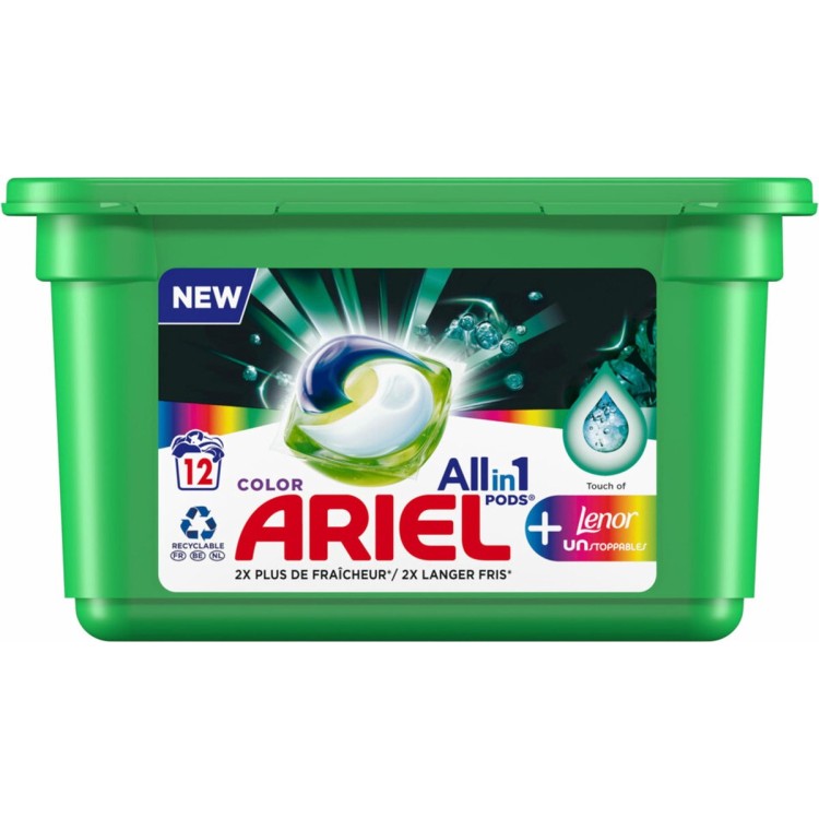 ARIEL PODS ALL IN 1 + LENOR UNSTOPPABLES skalbimo kapsulės spalvotiems 12 vnt