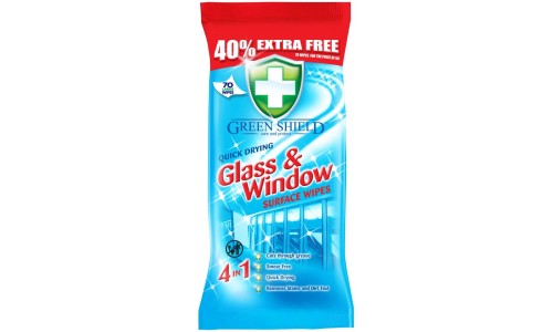 GREEN SHIELD GLASS & WINDOW WIPES langų ir stiklų valymo servetėlės 70 vnt