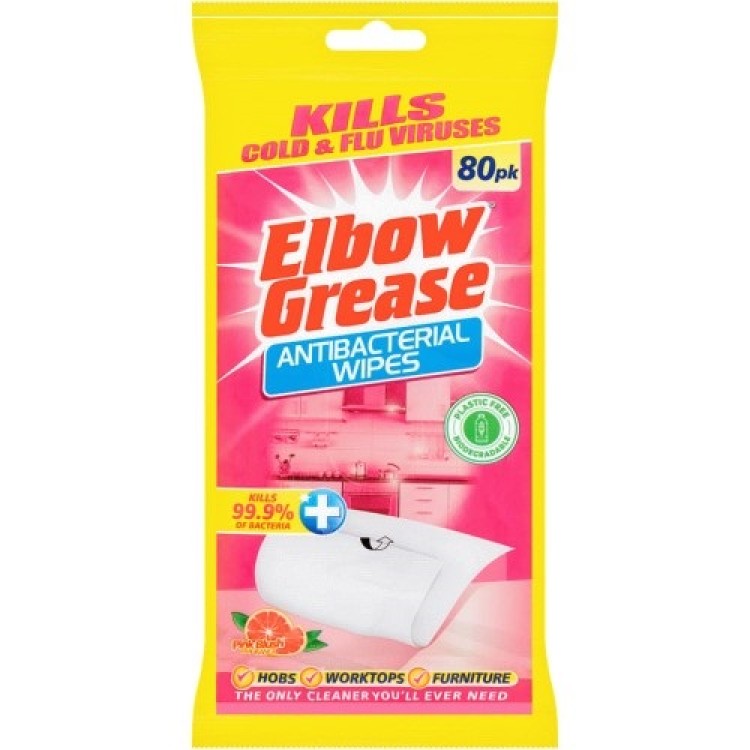 ELBOW GREASE ANTIBACTERIAL WIPES PINK universalios paviršių valymo servetelės 80 vnt