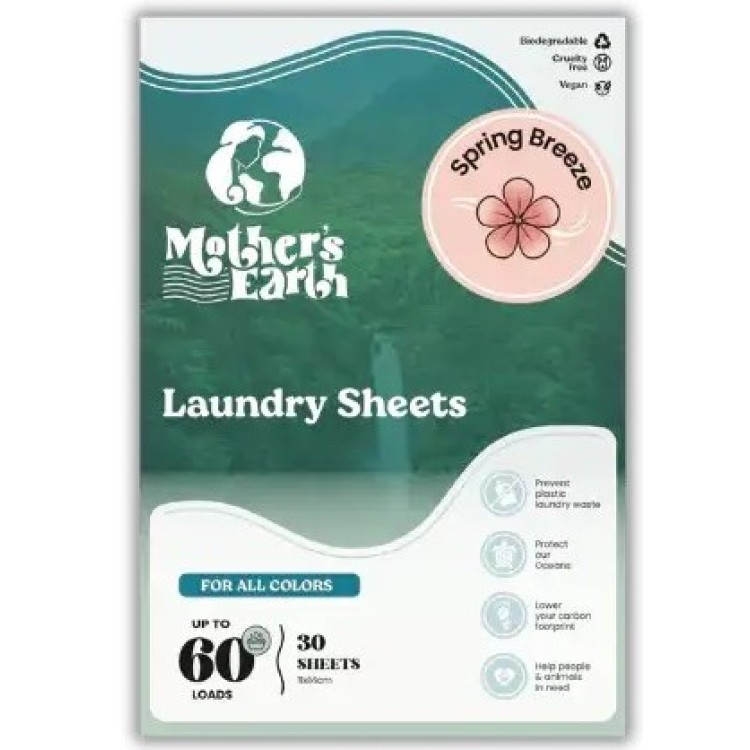 MOTHERS EARTH LAUNDRY SHEETS SPRING BREEZE ekologiški skalbimo lapeliai 30 vnt