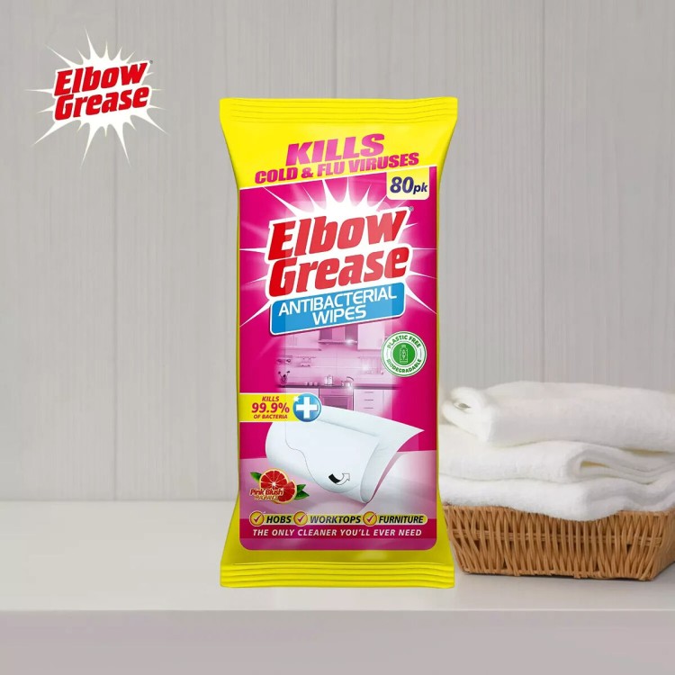 ELBOW GREASE ANTIBACTERIAL WIPES PINK universalios paviršių valymo servetelės 80 vnt