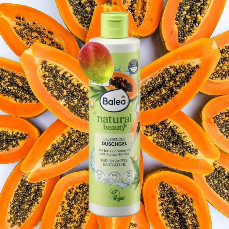 BALEA NATURAL BEAUTY dušo želė su kanapių sėklomis ir papaja 250 ml